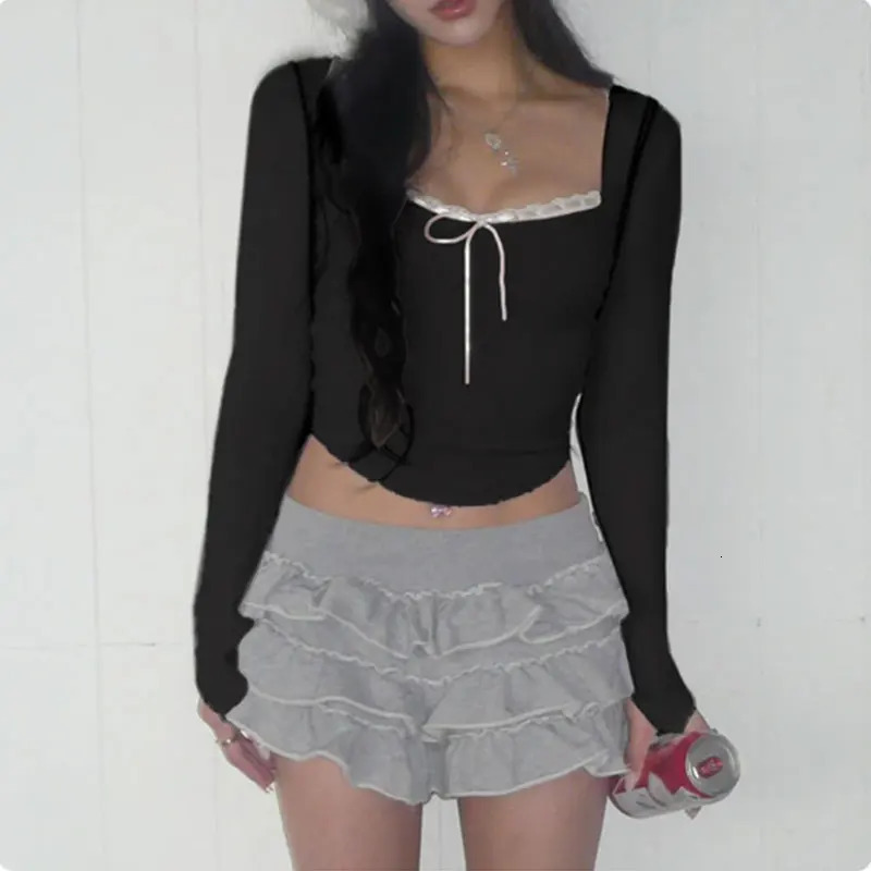 Mooyu Cute Bandage Bow Cropped Top Pink Sweet Coquette Sweet T Shirts Fall Spring Casual Square Collar Tees Women y2k Aesthetic 250318