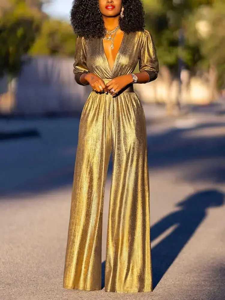 Yzzi 2025 new spring shiny womens high waisted jumpsuit fashionable and sexy Dp V-neck wide leg party dance one-piece set X250318