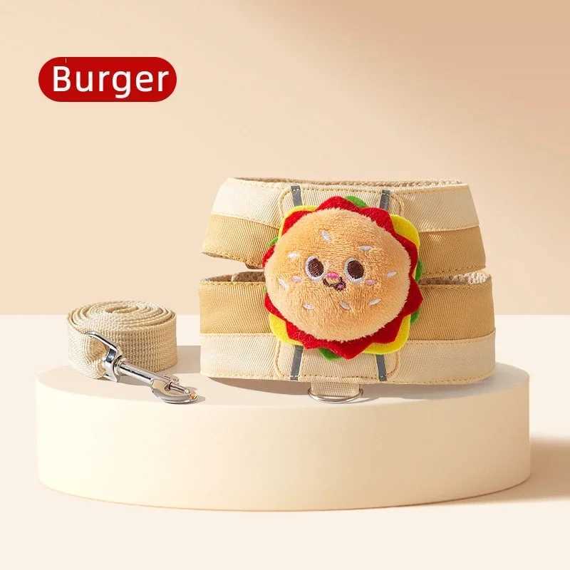Pet chest harness with rope suitable for cats and dogs cartoon burger chip design walking rope escape vest cat collarT250318