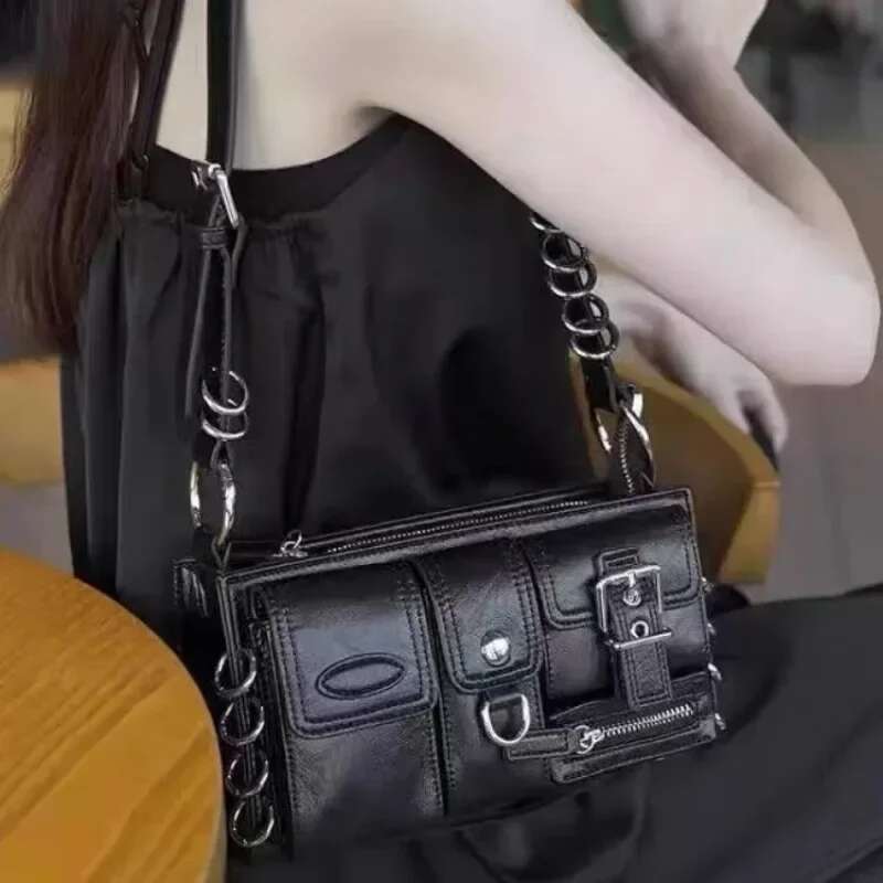 Meet You Y2k Vintage Gothic Black Shoulder For Women Punk Cool Girls Multi-Pocket Pu Leather Underarm Trend Tote Bag