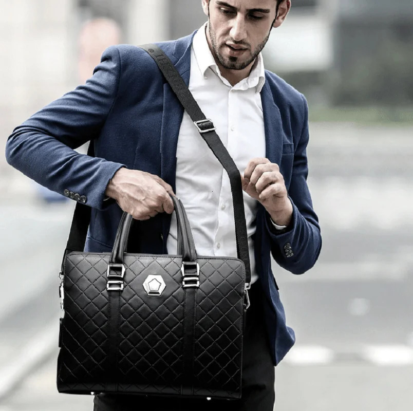 Korean fashion mens high-quality leather business briefcase diamond checkered shoulder bag large capacity handbag notebook bag 250317