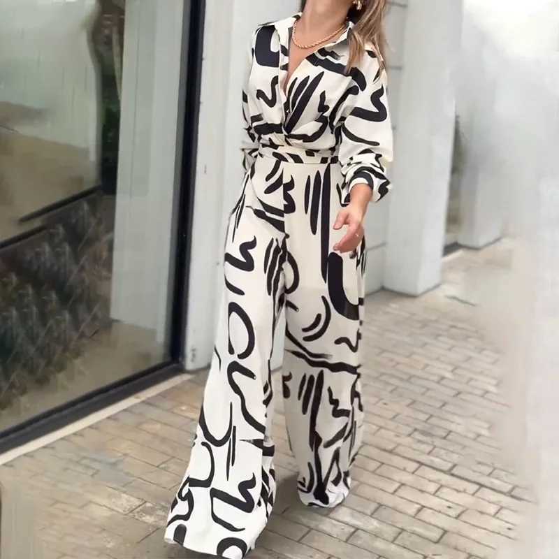 Spring Autumn Black White Print Jumpsuits Women Long Slve V-neck High Waist Wide Leg Jumpsuit Fashion Lady Commuting Clothing X250318