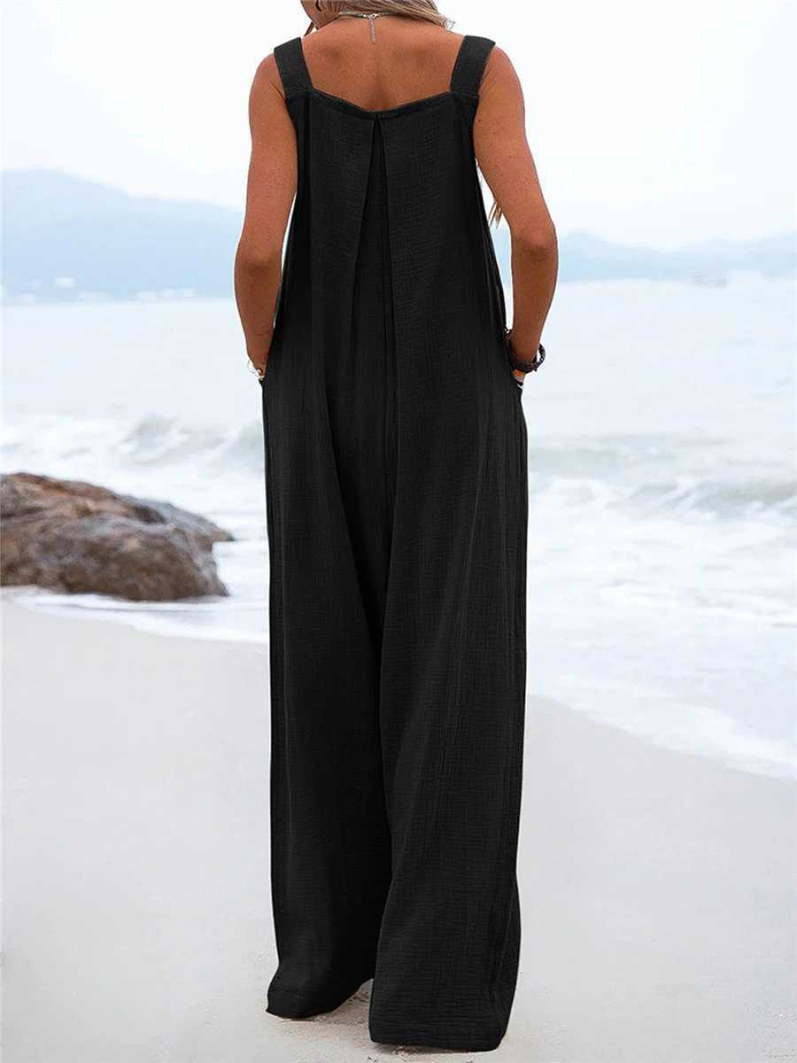 Overalls womens summer jumpsuit Plus size solid color casual button wide leg suspension pants Overalls with pockets X250318