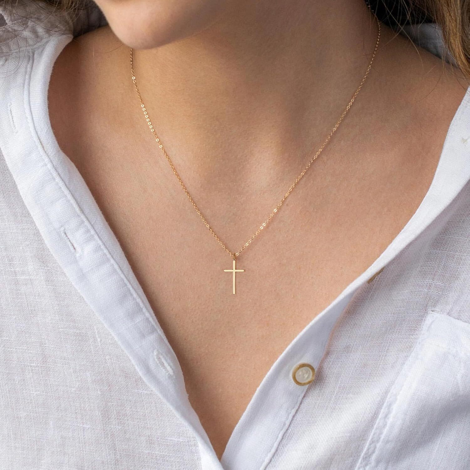 Necklace, 14K Plated Layered Small Side Cross Necklace Gold Jewelry Gift Ladies' Fashion