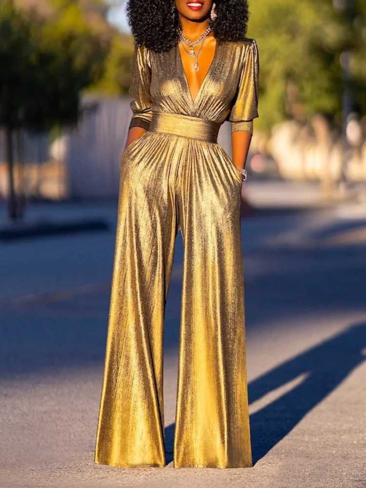 UOOZ sexy party shiny womens jumpsuit 2025 New Year long Slves wide leg wide leg Dp V-neck one-piece set X250318