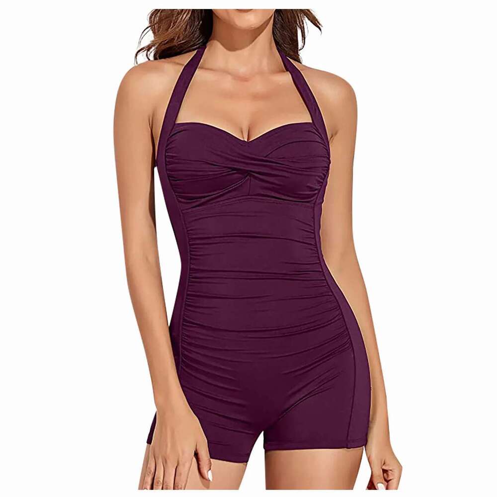 Printed one-piece swimsuit, solid color, camisole collar, monokini, soft cushion, women's, beachwear, drum, summer, 2024
