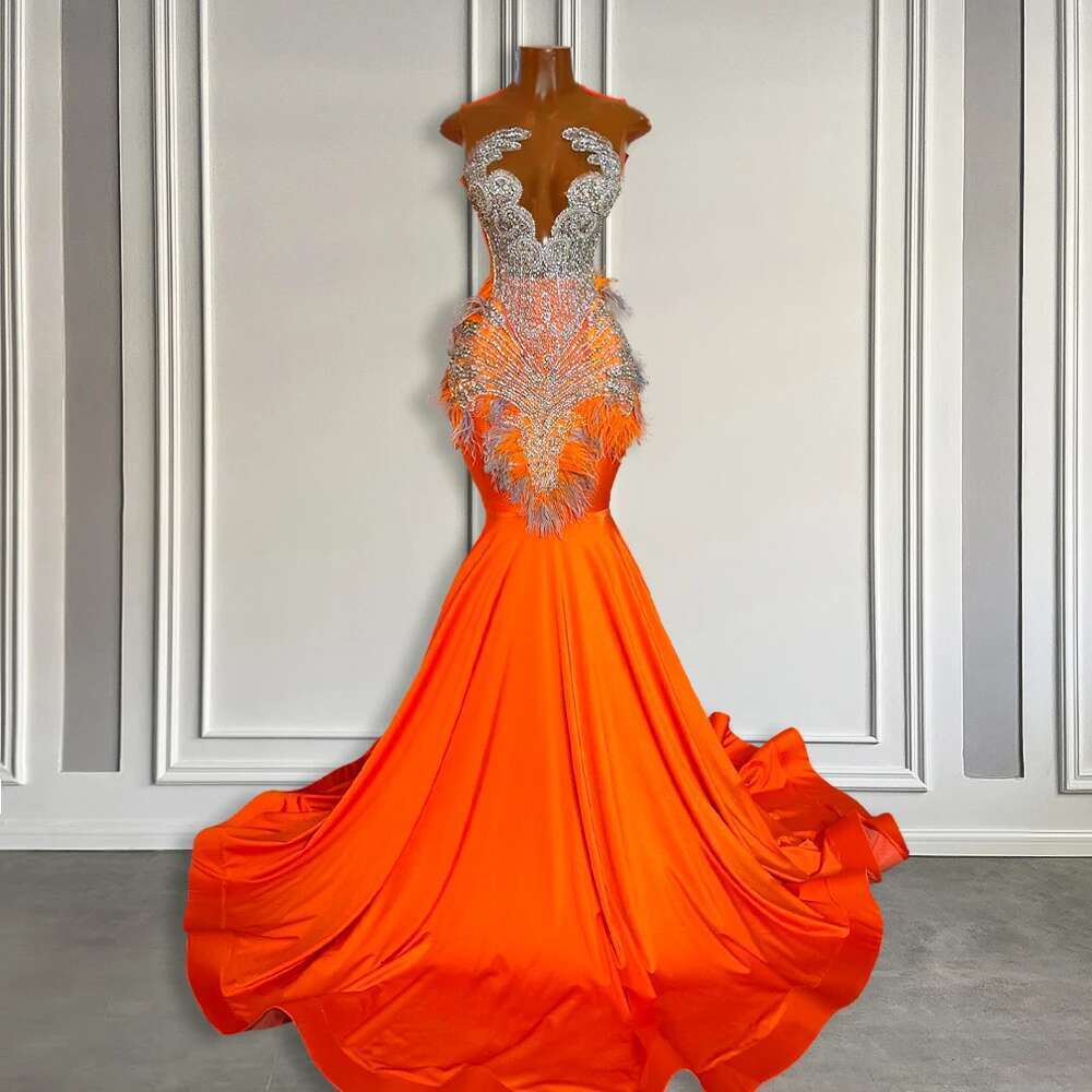 Long Orange Fitted Mermaid Dress 2025 Sier Beaded Rhie African Black Girls Satin Prom Gala Gowns Customized Dr0318
