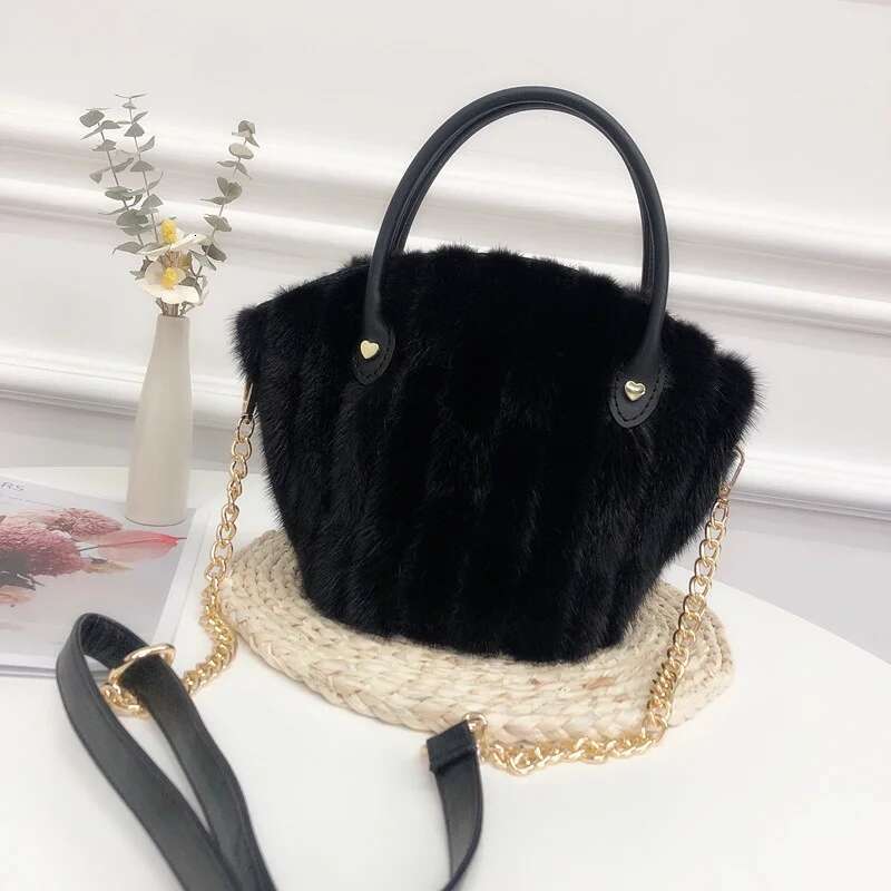 Mink Real Fur Bucket Women's Crossbody Shoulder Fashion Plush Handheld Ladies Shell Clutch Bag