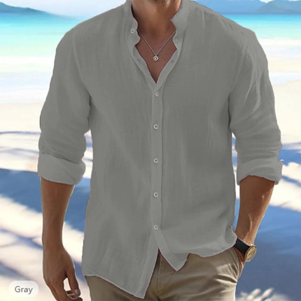 Cotton Linen Mens Long-Sleeved Shirts Summer Solid Color Stand-Up Collar Casual Beach Style Plus Size 250318