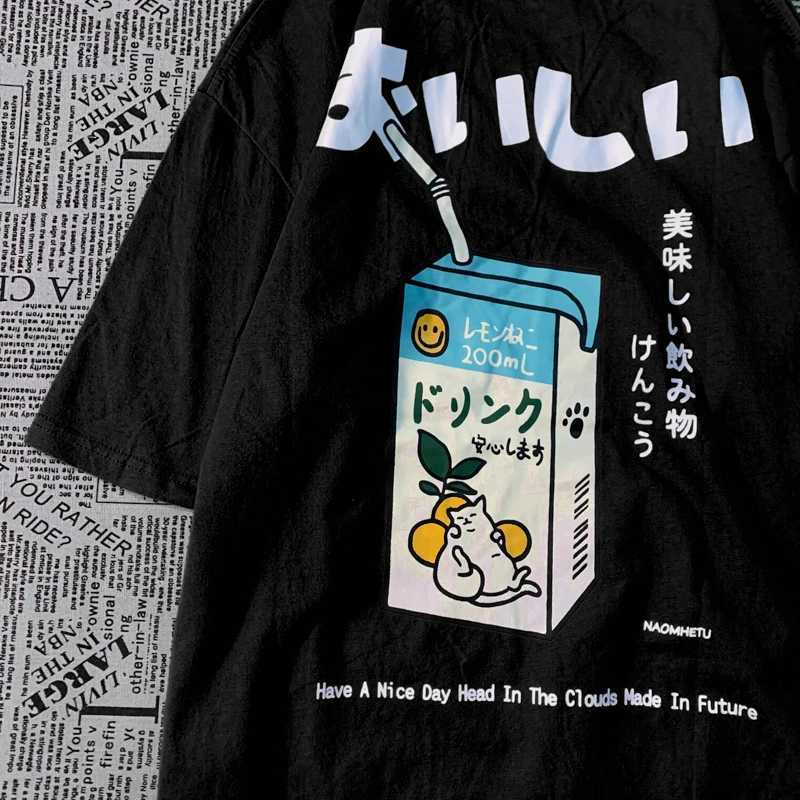 Cute Japanese cat print oversized T-shirt for women short sleeved loose casual T-shirt street clothing top pure cotton Harajuku clothingXJ250318