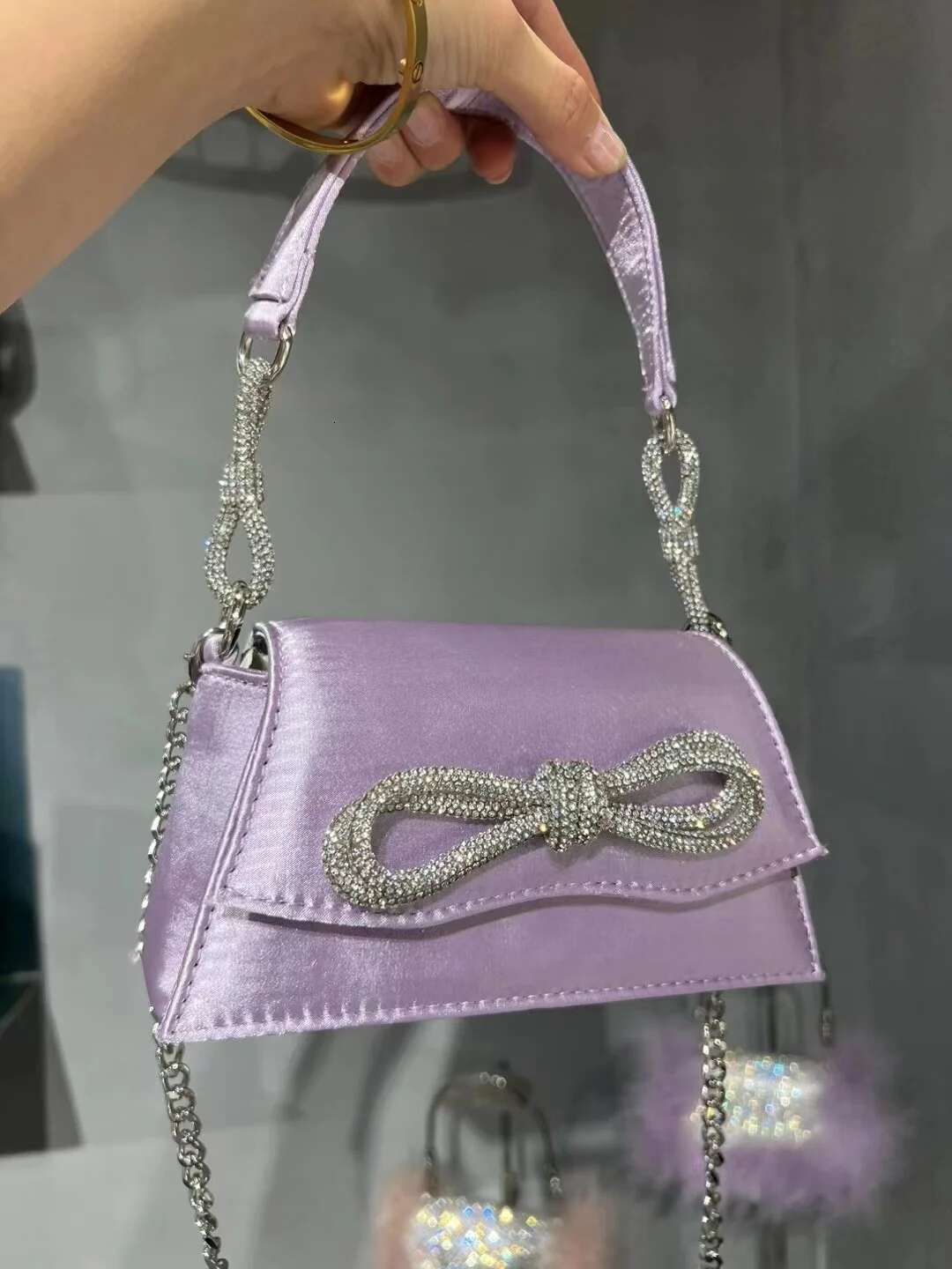 Satin Square Glitter Bow Knot Women's Handbag Rhies Dia Evening Dinner Party Clutch Purse Shoulder Bag