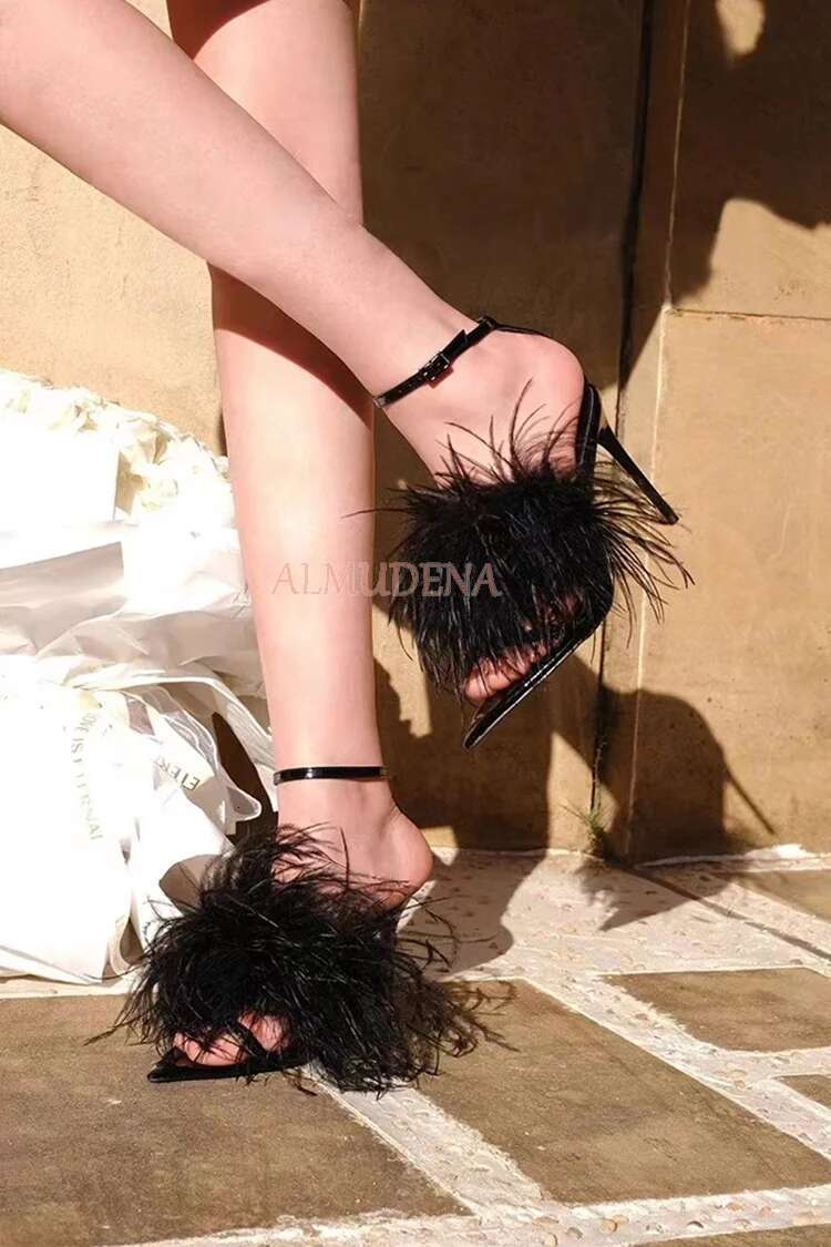 Women Blue Feather Pointy Toe Stilettos Sandals Summer Real Leather Ankle Strap Black High Heels Sexy Party Dress Brand Shoes
