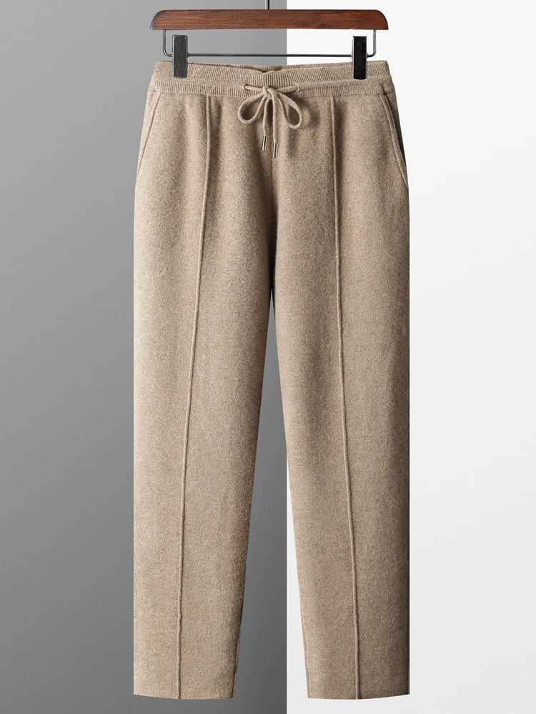 100% wool mens wool pants for autumn and winter thick knitted pants slim fit pants solid color warm flat angle pants W250318