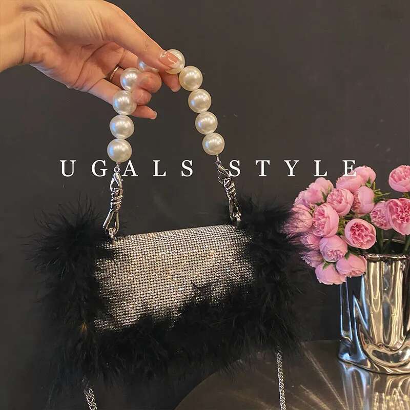 Ostrich Feather Women's Handbag Crystal Shiny Rhies Dia Evening Wedding Party Clutch Purse Shoulder Bag