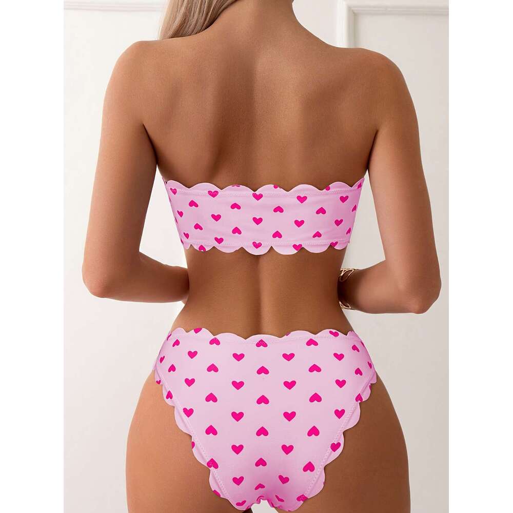 Heart Pattern Bandeau 2 Piece Set Bikini, Tube Top Scallop Trim Tie Front High Cut Swimsuits, Valentine's Day Women's Swimwear & Clothing