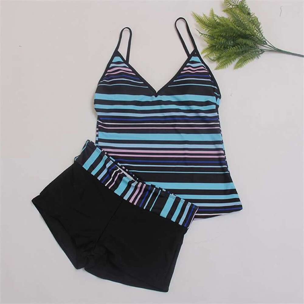 Summer women's swimsuit, women's striped swimsuit, sleeveless two-piece swimsuit, shorts swimsuit, fashionable swimsuit