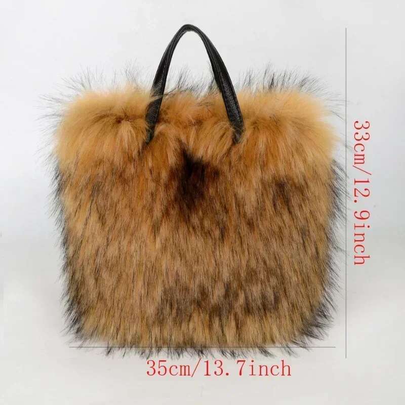 Meet You Women's Large Capacity Faux Fur Tote Bag Fashion Soft Plush Spliced Pu Leather Handbag Winter Fluffy Warm Shopper Purse
