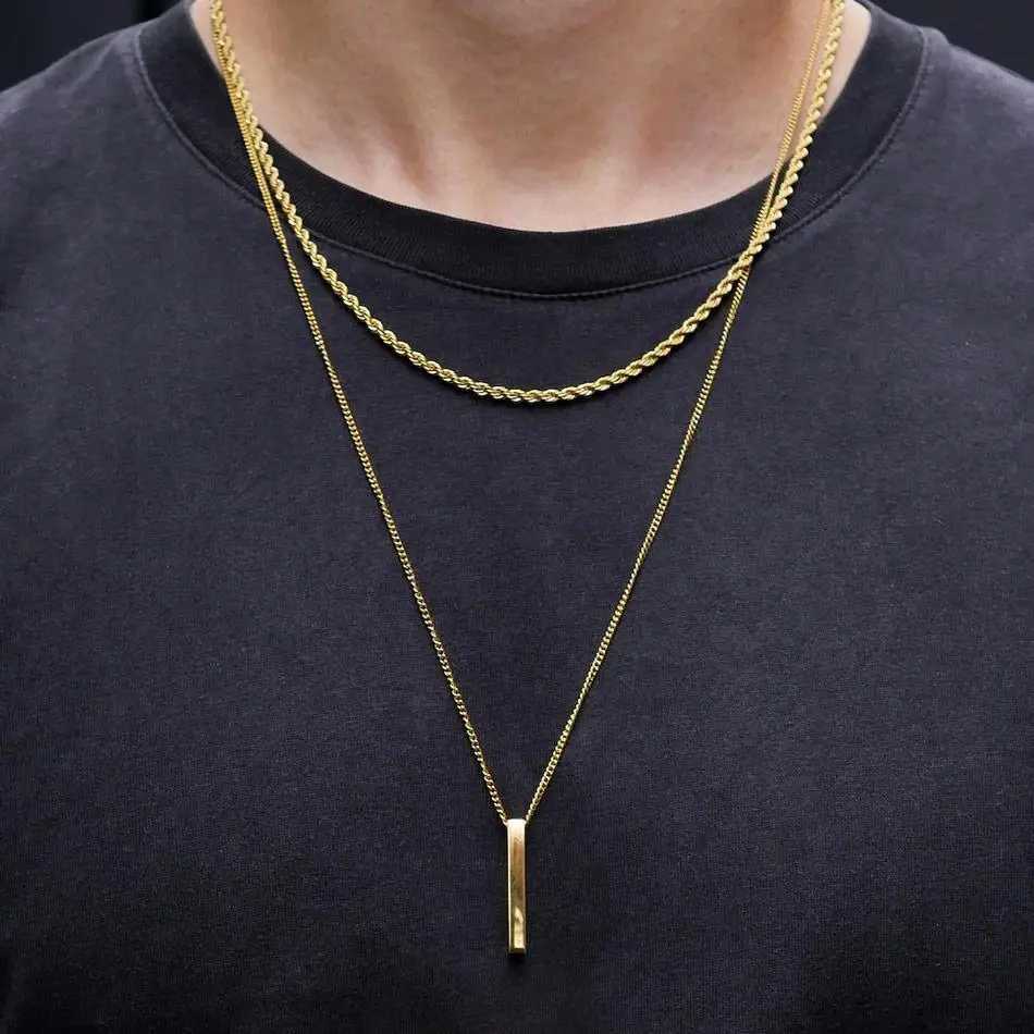 Vnox 3D Mens Vertical Bar Necklace Layered Stainless Steel Geometric Pendant Layered Wheat Rope Cuban Chain Boys Collar W250318