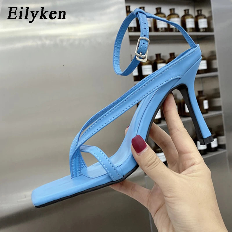 Eilyken Fashion Pinch Narrow Band Women Sandals 2025 Summer Square Open Toe Ankle Buckle Strap High Heels Ladies Shoes 250318