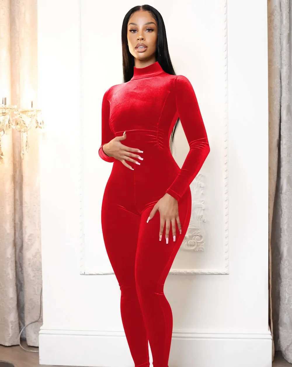 2024 Christmas Red Velvet jumpsuit Womens long Slve pencil pants jumpsuit Autumn turtle neck ultra-thin night club outfit jacket X250318