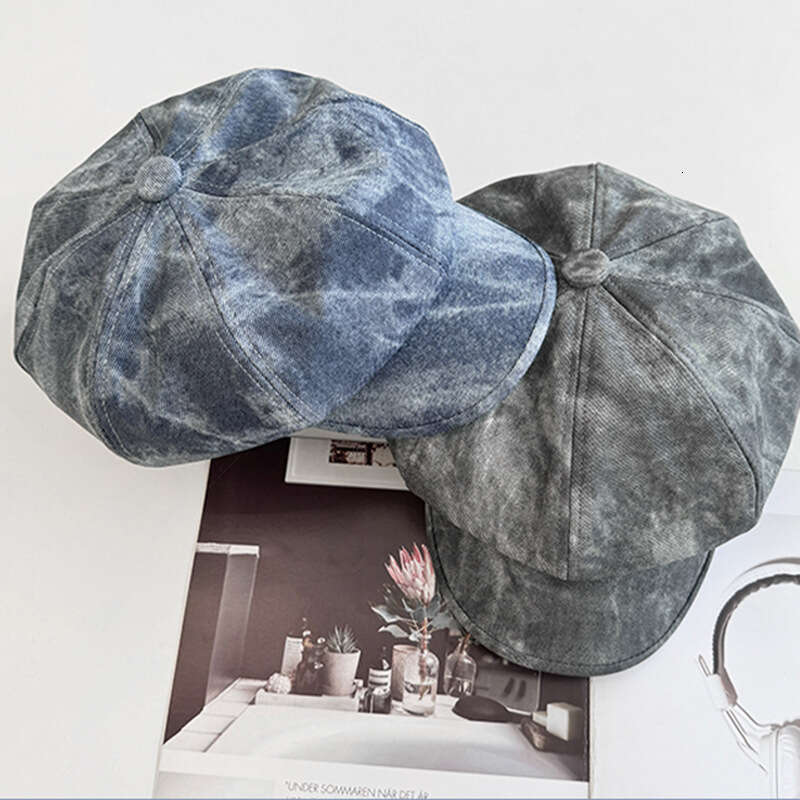 Blue tie dye octagonal for women with a prominent face, duckbill tongue, beret, big head circumference, children's hat, washed painter's hat