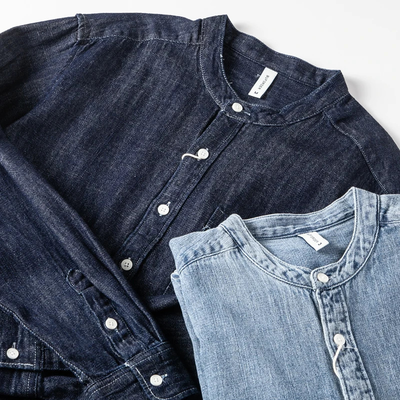 Spring/Autumn Casual Loose Laundry Denim Collarless Mens Long Sleeve Japanese Retro Work Clothes Top for Young Men 250317