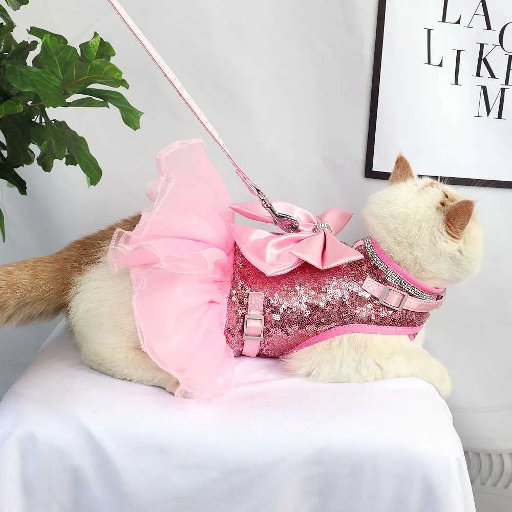 Bow Cat and Dog Strap Set Lace Crystal Little Dog Tank Top 150cm Lead Nylon Breathable Cat Strap DressT250318