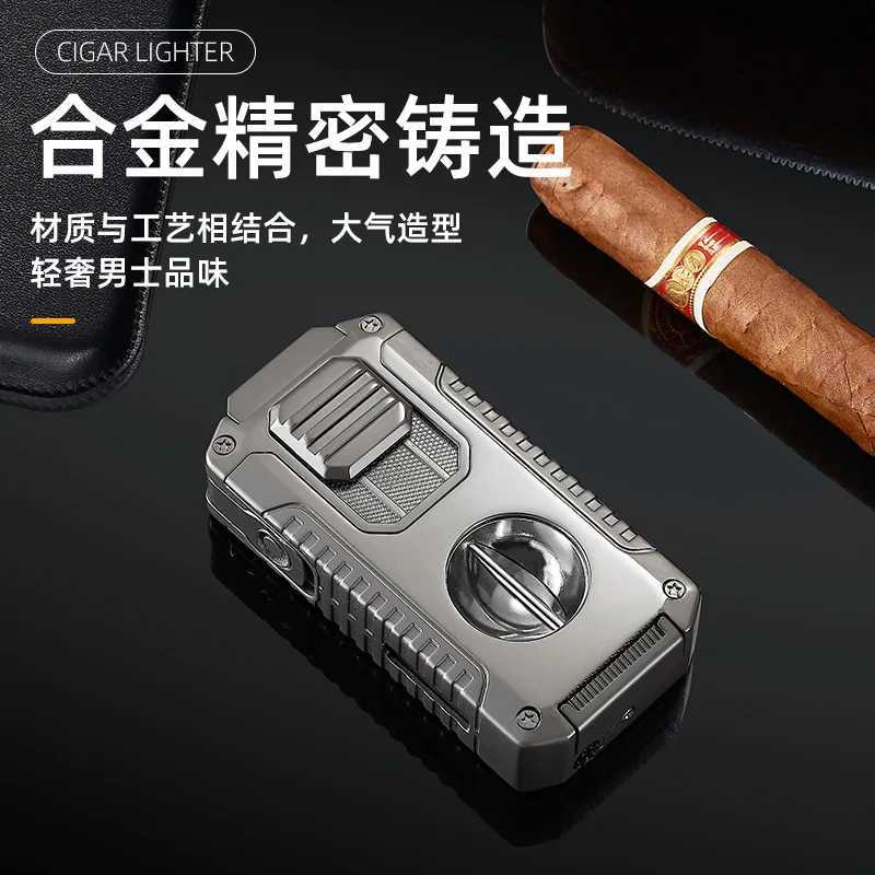 Multifunctional Three-jet Flame Direct Injection Cigar Lighter with Built-in V-shaped Cigar Cutter Portable Five-in-oneC250318