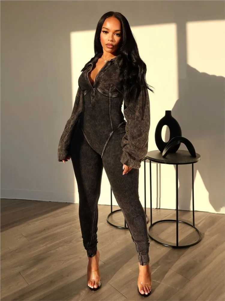 Womens Clothing 2025 Spring Summer New Fashion Bubble Slves Sexy Dp V Tight Waist Casual Long Slved Jumpsuit Pants X2503181