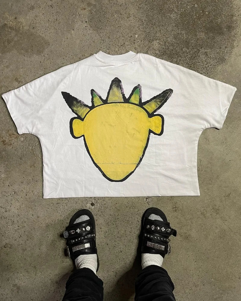 Y2K American vintage cartoon print short sleeve T-shirt Men Harajuku fashion High street couple oversized casual shirt 250318