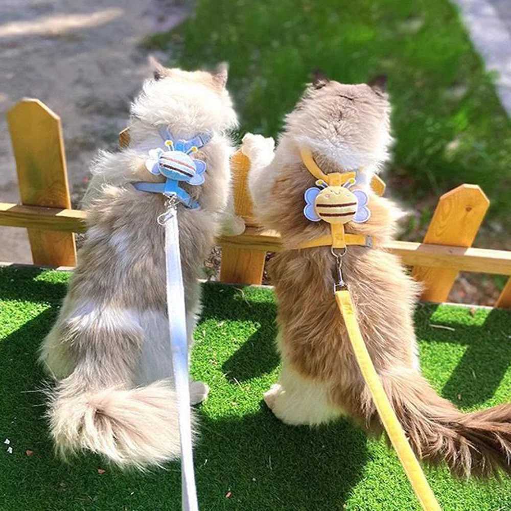 Cat Harness Leash Collar Set Adjustable Cartoon Bee Double Layer Dog Harness For Small Medium Pet Collar Leash Outdoor WalkingT250319