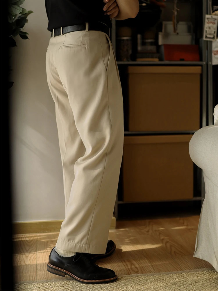 Spring Trendy Mens Trousers Solid Color Pleated Loose Straight Pants Men Leisure Breathable Suit Trousers Mens Clothing 250317
