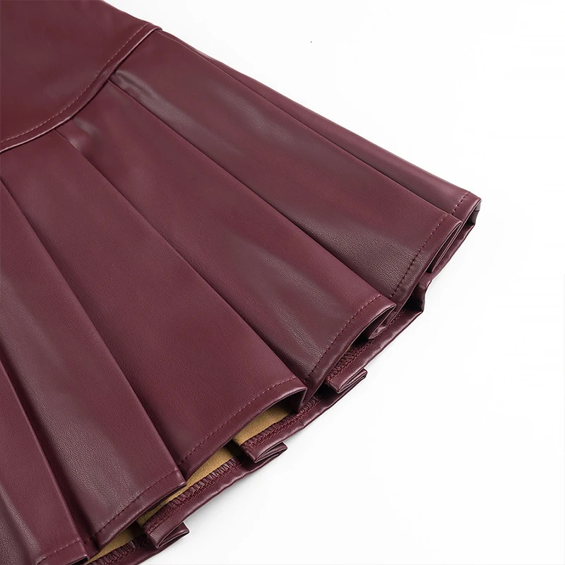 Willshela Women Fashion PU Wine Red Pleated Side Zipper Mini Skirt Vintage High Waist Female Chic Lady Skirts 250318