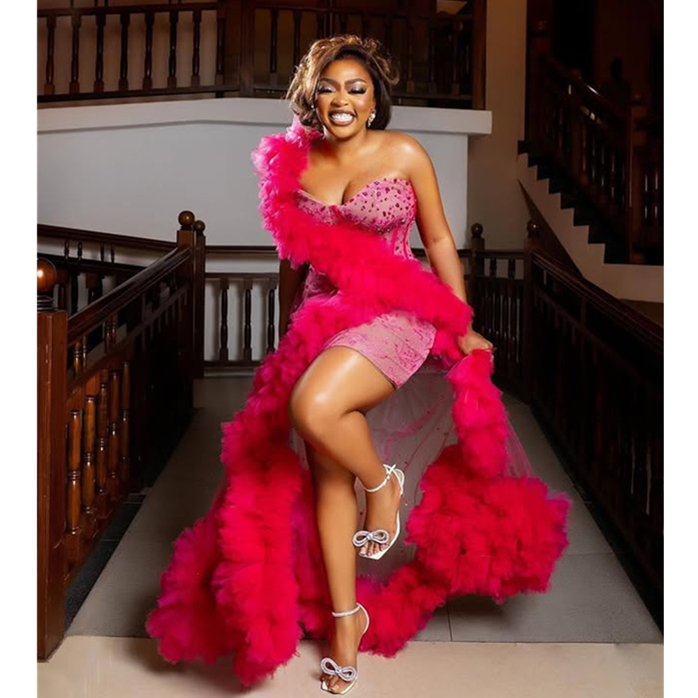 Fuchsia Cocktail Evening Dresses Beaded Appliques Mini Weddings Reception Gown Tulle Black Girls Short Homecoming Prom Dress
