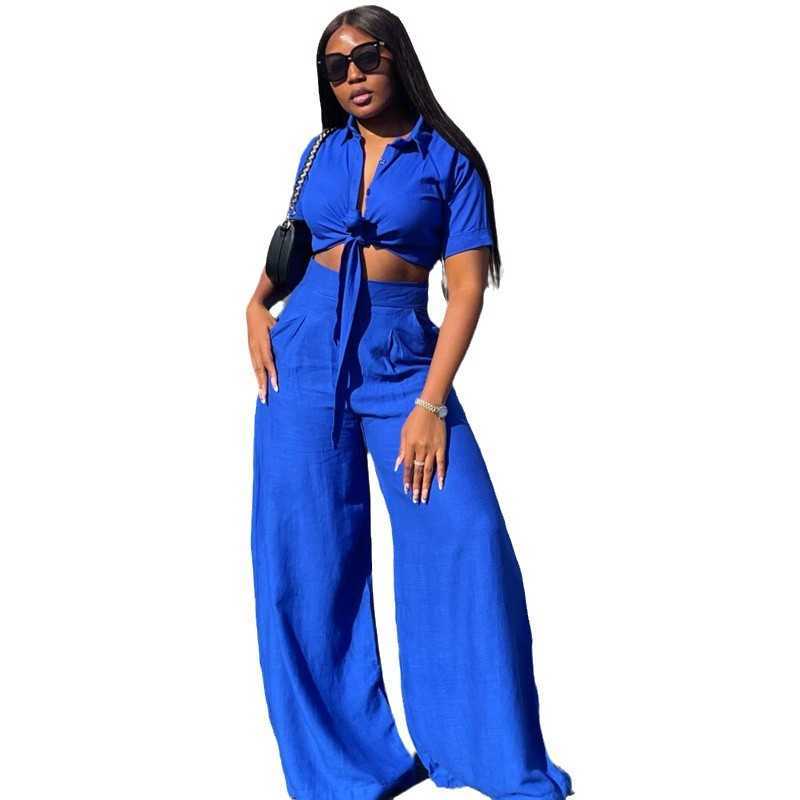 Summer plus size women's clothing new short sleeved wide leg pants two-piece set fashionable shirt set for women 250315