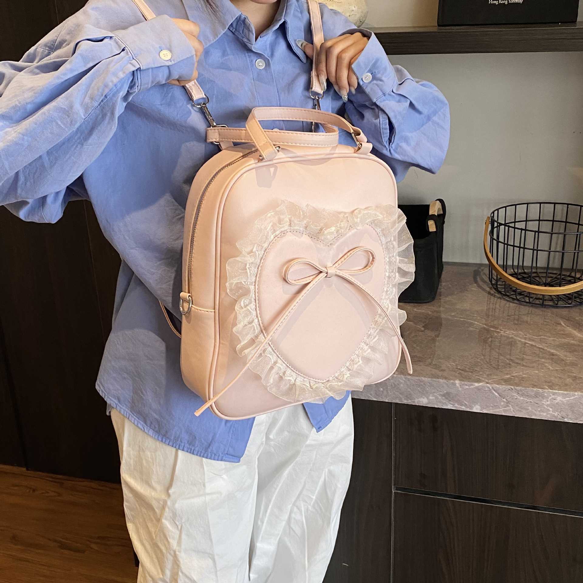 Korean Version Student Large Capacity Handbag For Women New Fashionable Sweet Lace Love Bow Backpack Small Shoulder Bags