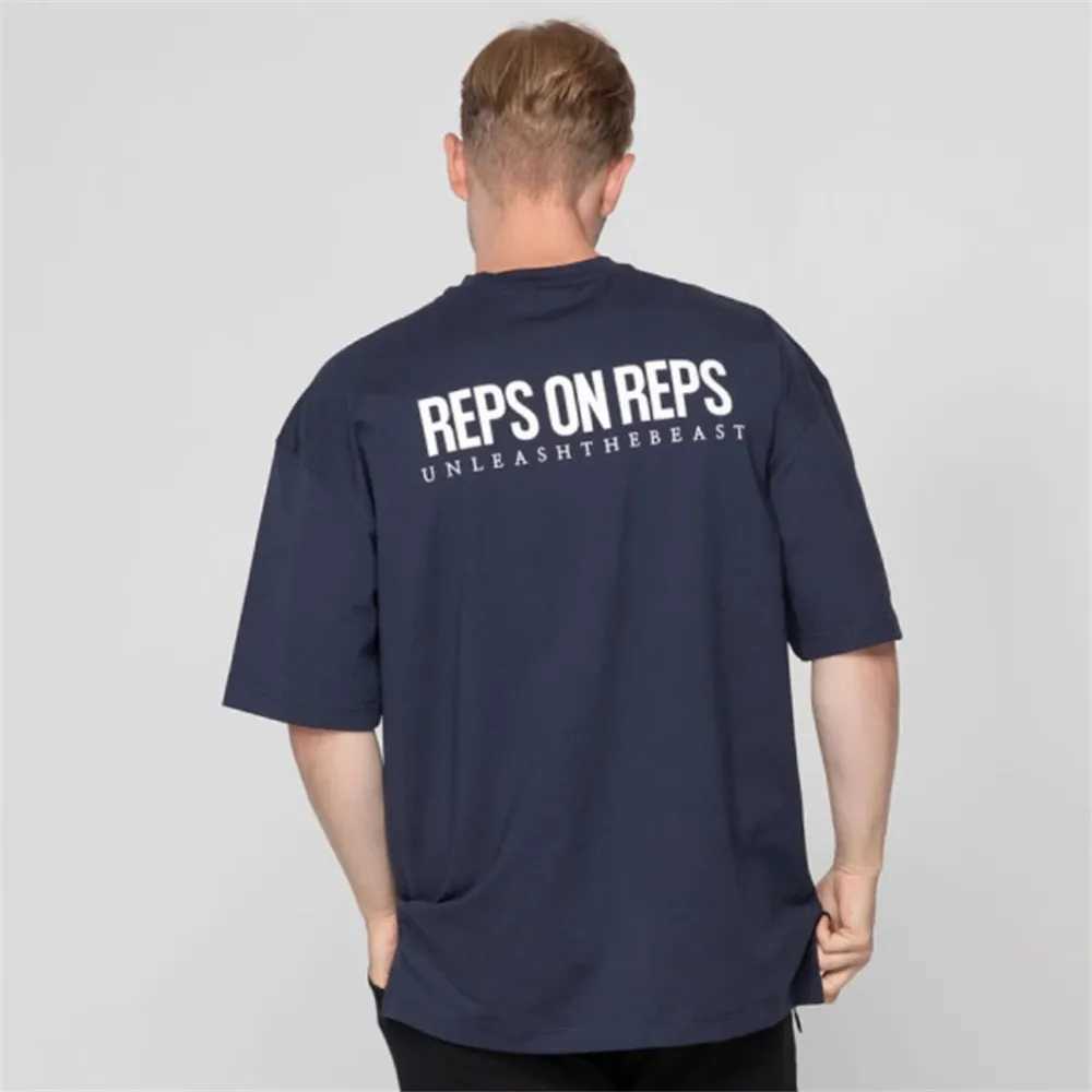 Mens loose oversized T-shirt with cotton print running and fitness top sportswear jogging T-shirtT250318