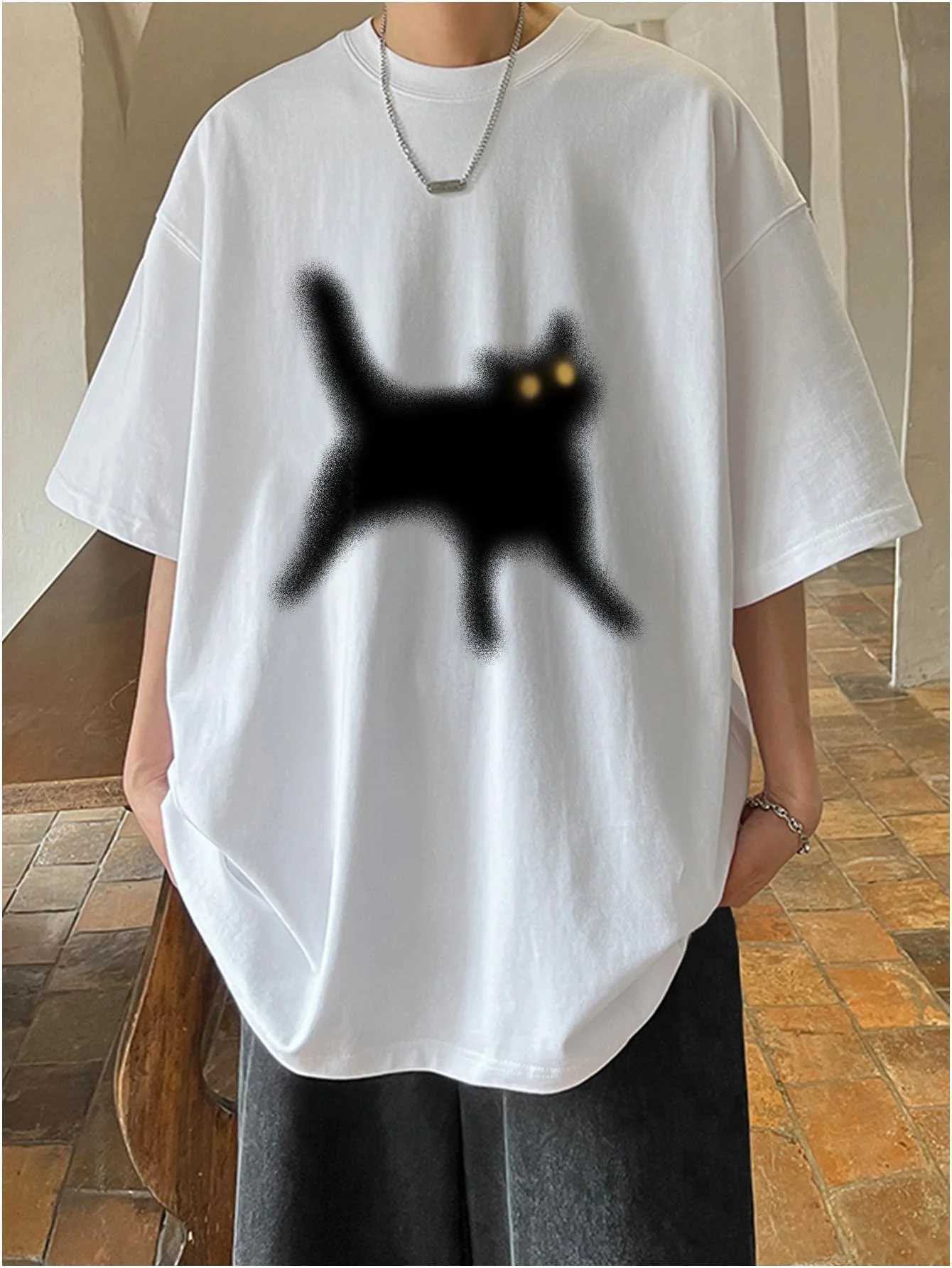 Chic Cat Print Mens T-shirt Fashion Loose Clothing Summer New Designer Brand T-shirt O-neck Mens Cotton Short sleeved TopT250318