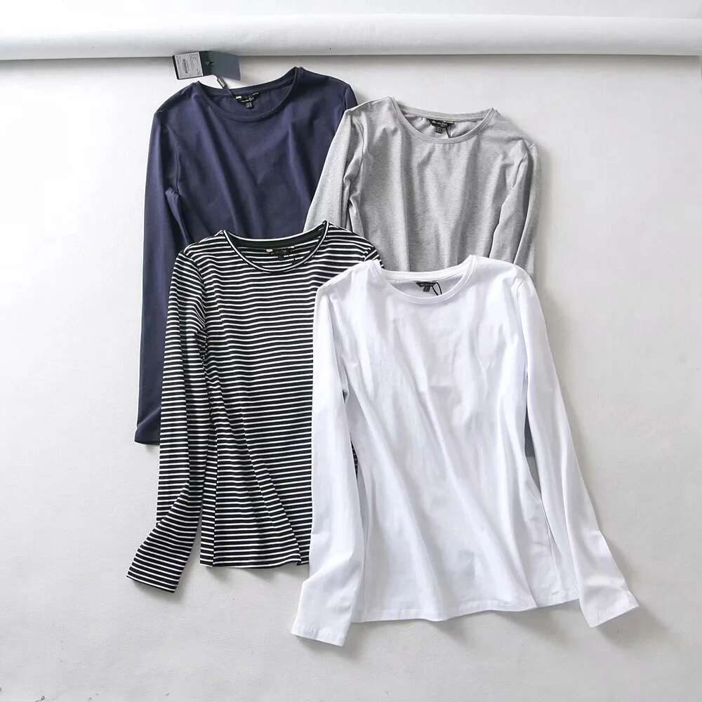 Maxdutti Camisetas Verano Mujer England Style Slim Summer T-Shirt Women Cotton O-Neck Simple Basic Solid Long Sleeve Tshirt