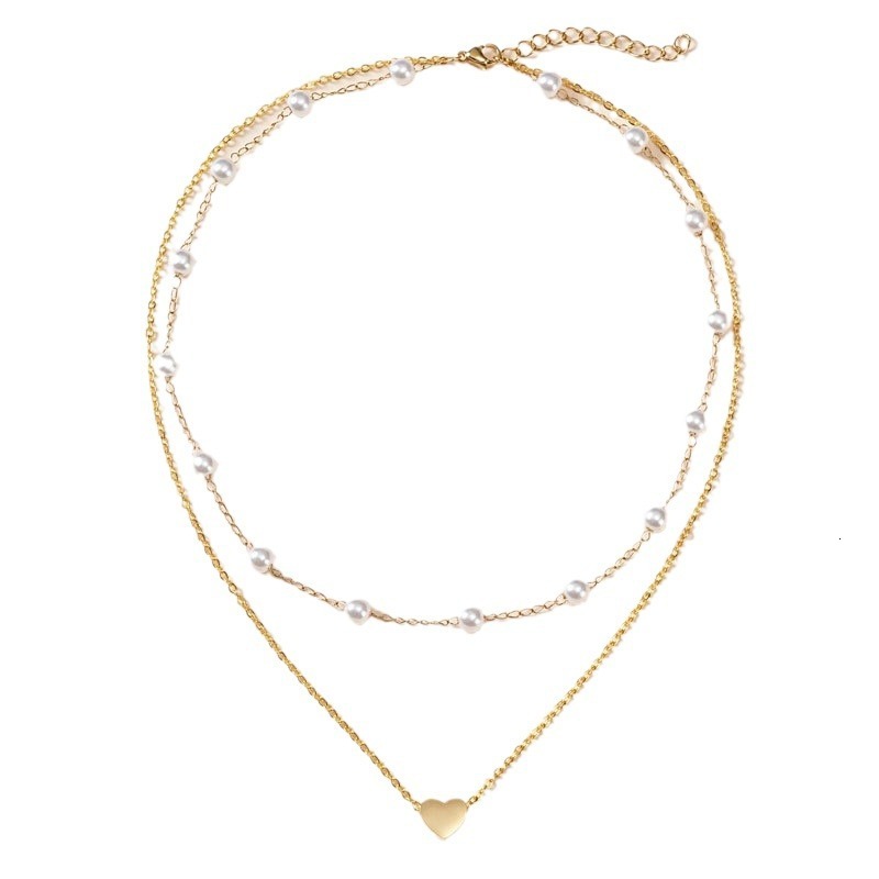 Pearl Chain Love Pendant Double Necklace Women Simple Everything Collared Chain Collar Bone Chain Jewelry