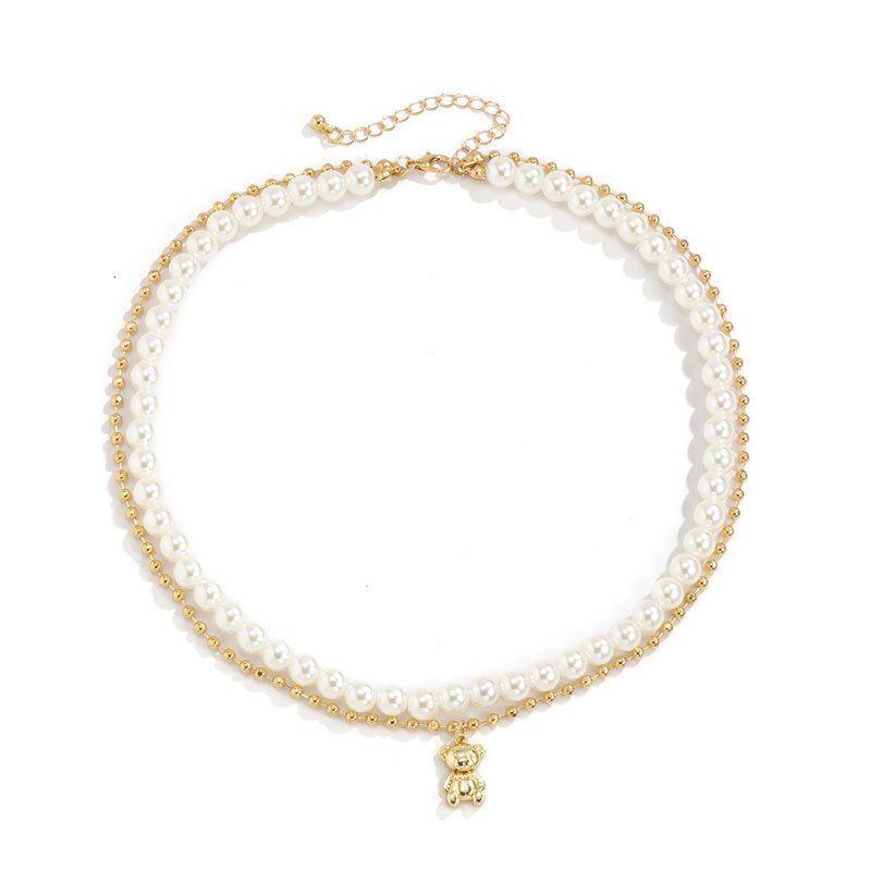 Imitation Pearl Bear Pendant Double Necklace Male Hip Hop Everything Collarbone Chain Choker Jewelry
