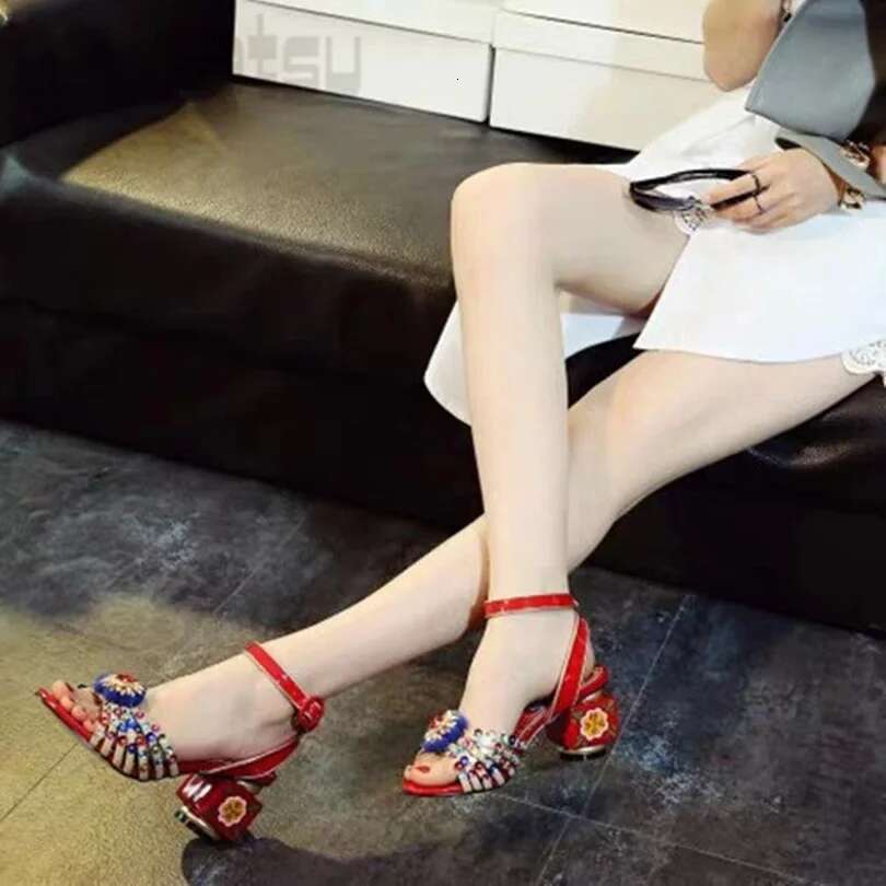 Strange Heel Sandals Ethnic Style Colorful Rhies Personalized Ankle Buckle Strap Women's Shoes Large Sizes 34-43