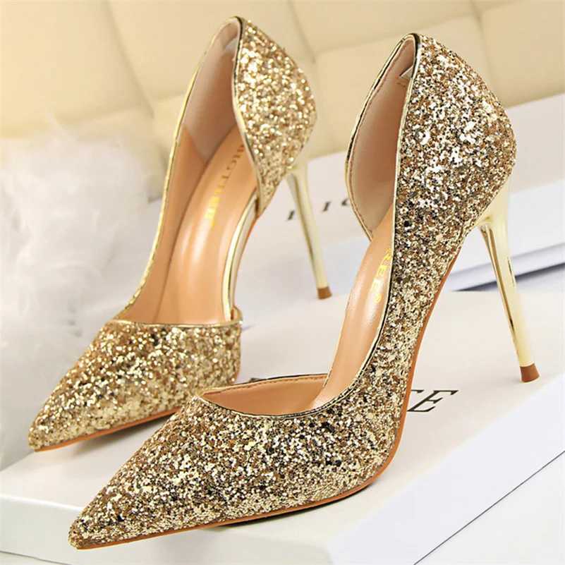 Plus size 34-43 Wen 9.5cm high H-striped gold Sier Bling Scarpins pump womens fine high heels wedding party fetish shoes Y250317
