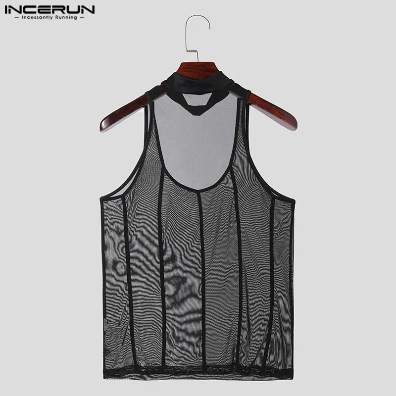 INCERUN Men Tank Tops Mesh Transparent Summer Sleeveless Sexy Male Vests Streetwear 2024 Solid Fashion Party Skinny Clothing 250314Z