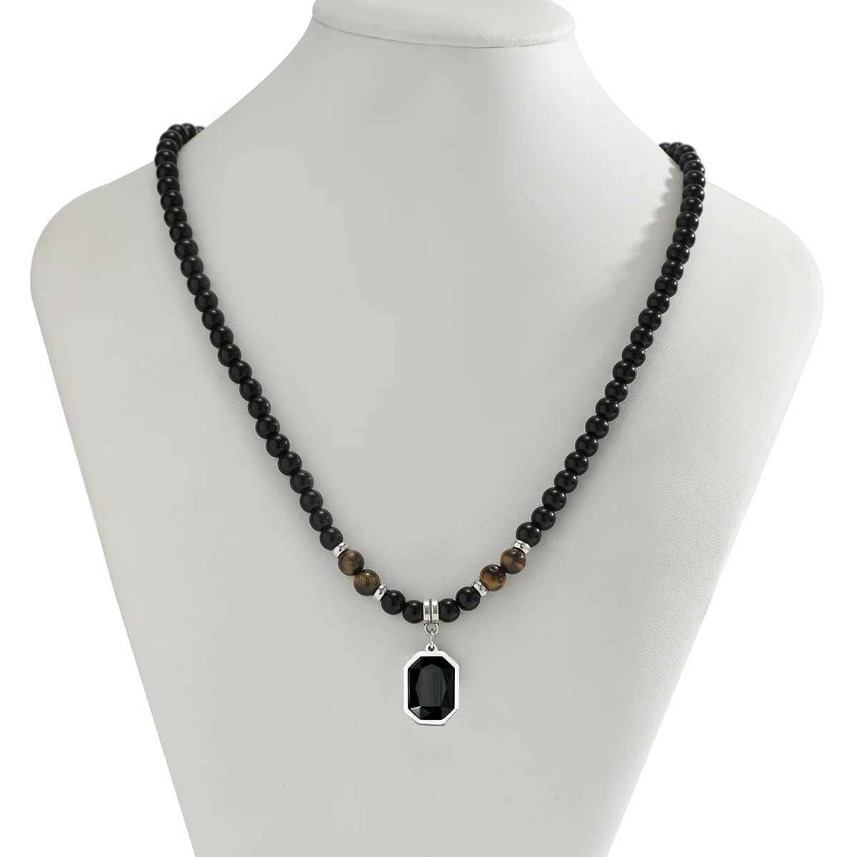 Salicon Simple Black Tiger Stone Beaded Clavicle Necklace Punk Geometry Stainless Steel Pendant Necklace Mens Casual Jewelry W250318