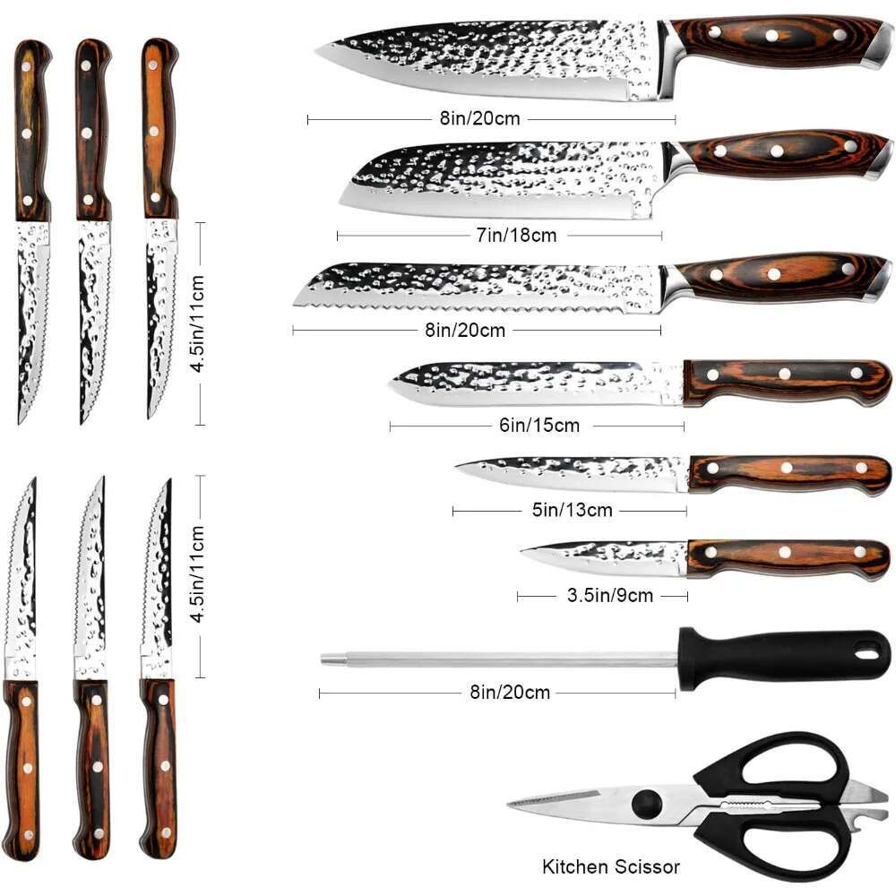 Kitchen Set, 15 Piece Wooden Block, High Carbon Japanese Stainless Steel Block Set With Steak Knife