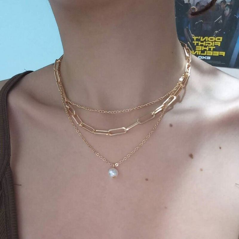Three Layers Of Metal Chain Imitation Pearl Pendant Necklace Women's Multiple Layers Of Choker Collarbone Chain