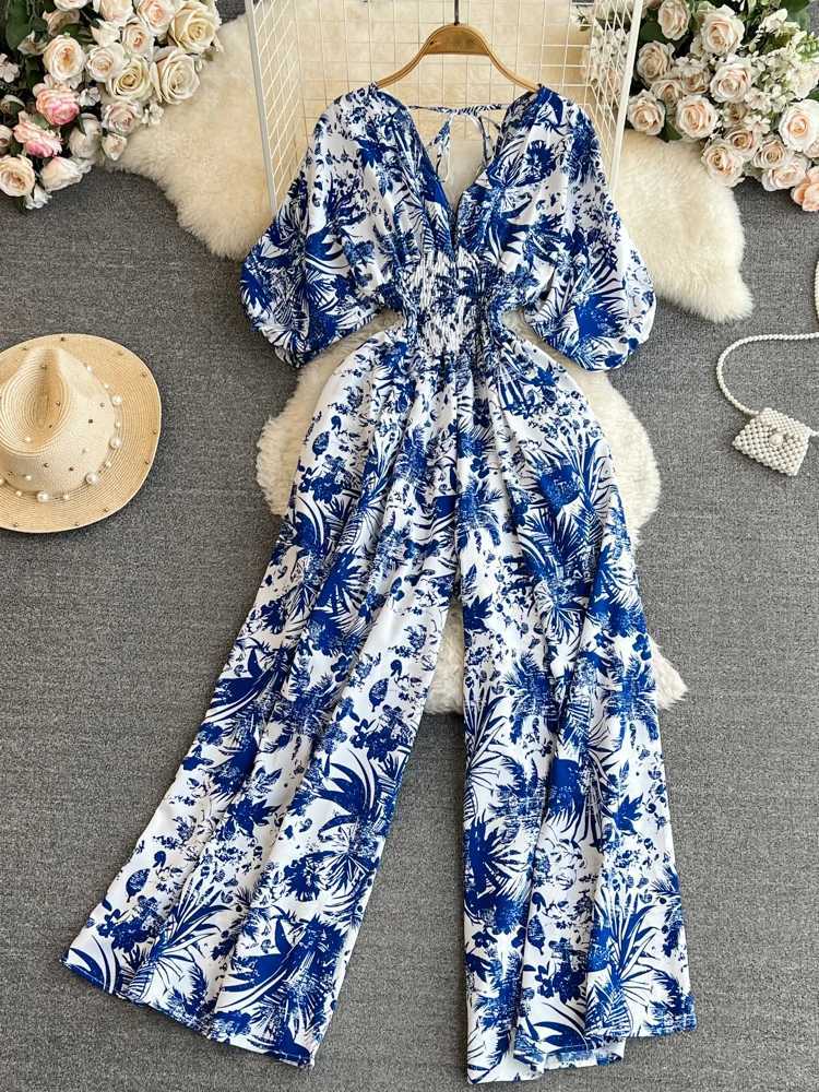 Summer Womens Sexy V-neck Puff Slve Printed Womens jumpsuit Black/Red/Blue/Yellow Wide Leg jumpsuit Resort Beach New Fashion X2503181