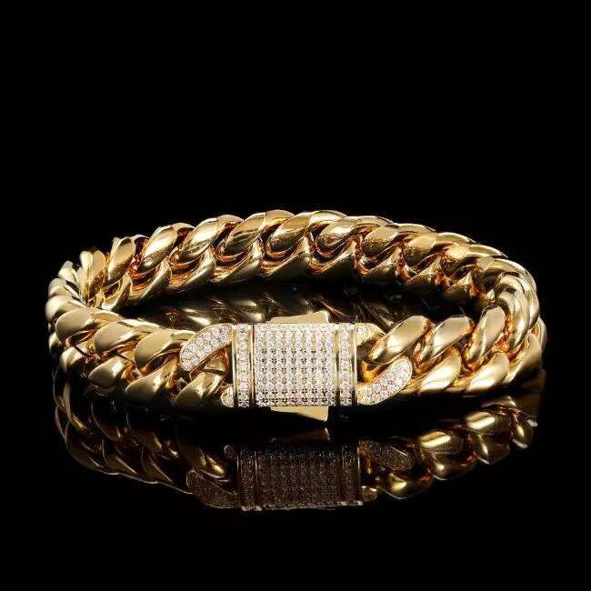 Hip hop zircon Miami Cuban chain, stainless steel bracelet, round ground password, men's rap spring buckle bracelet