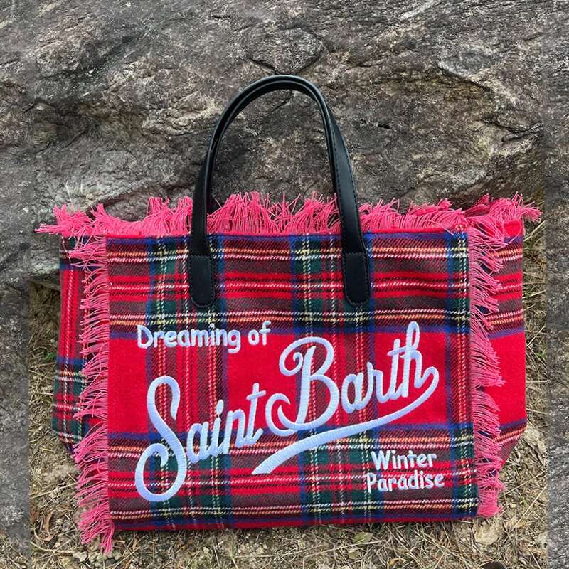Casual Tote Women Tassel Designer Houndstooth Stripe Canvas Handbags High Quality Large Shopping Letter Beach Bag